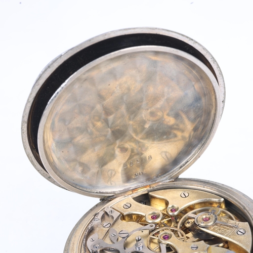 1090 - An early 20th century nickel open-face keyless chronograph pocket watch, white enamel dial with Roma... 