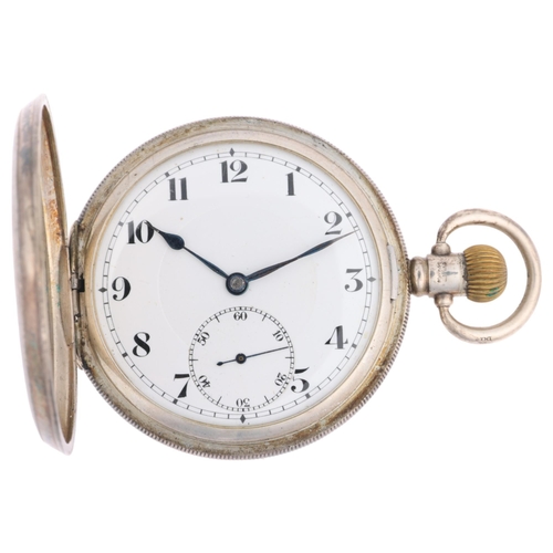 1093 - An early 20th century silver full hunter keyless pocket watch, by Pluto, white enamel dial with Arab... 