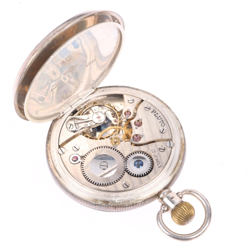 1093 - An early 20th century silver full hunter keyless pocket watch, by Pluto, white enamel dial with Arab... 