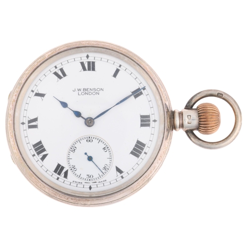 1095 - J W BENSON - an early 20th century silver open-face keyless side-wind pocket watch, white enamel dia... 