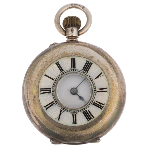 1099 - An early 20th century Swiss silver and enamel half hunter keyless side-wind fob watch, white enamel ... 