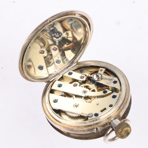 1099 - An early 20th century Swiss silver and enamel half hunter keyless side-wind fob watch, white enamel ... 