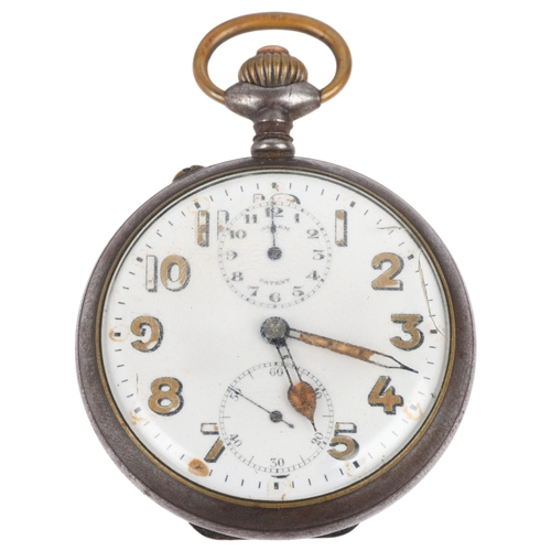 1103 - A First World War Period gun-metal open-face keyless alarm pocket watch, white enamel dial with Arab... 