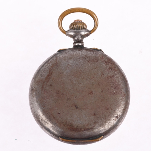 1103 - A First World War Period gun-metal open-face keyless alarm pocket watch, white enamel dial with Arab... 