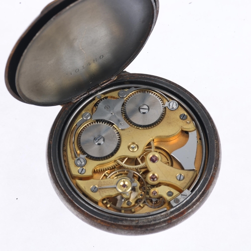 1103 - A First World War Period gun-metal open-face keyless alarm pocket watch, white enamel dial with Arab... 