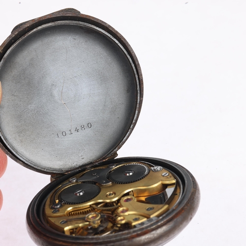 1103 - A First World War Period gun-metal open-face keyless alarm pocket watch, white enamel dial with Arab... 