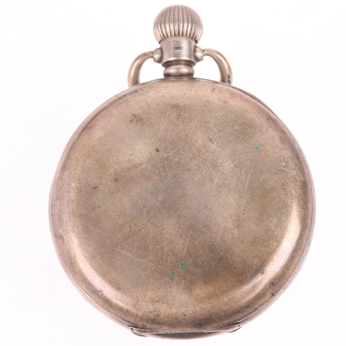 1104 - WALTHAM - a silver open-face keyless pocket watch, black enamel dial with Arabic numerals, cathedral... 