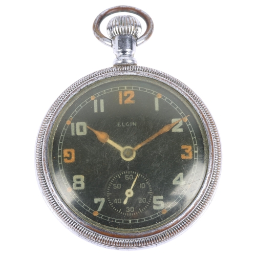 1105 - ELGIN - a Second World War Period nickel plated open-face keyless pocket watch, black dial with Arab... 