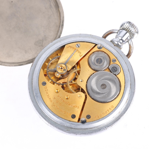 1105 - ELGIN - a Second World War Period nickel plated open-face keyless pocket watch, black dial with Arab... 