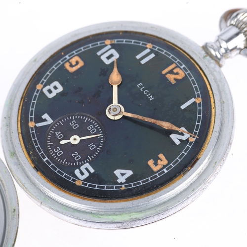 1105 - ELGIN - a Second World War Period nickel plated open-face keyless pocket watch, black dial with Arab... 