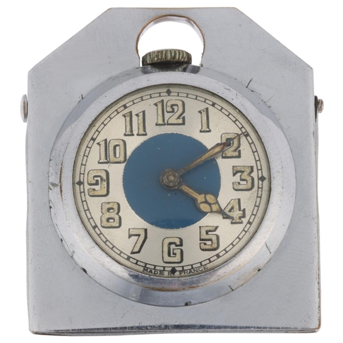 1108 - An Art Deco French chrome plated open-face keyless travel bedside timepiece, blue and silvered dial ... 