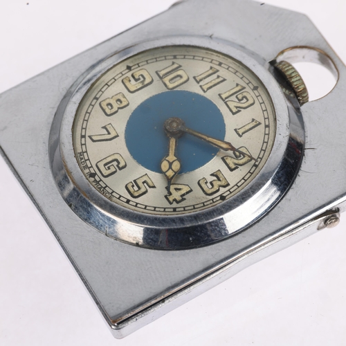 1108 - An Art Deco French chrome plated open-face keyless travel bedside timepiece, blue and silvered dial ... 