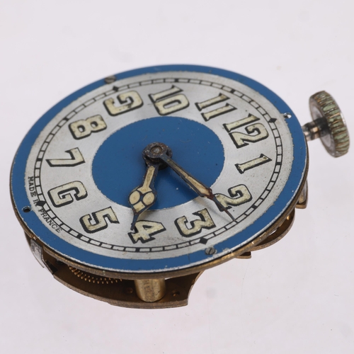 1108 - An Art Deco French chrome plated open-face keyless travel bedside timepiece, blue and silvered dial ... 