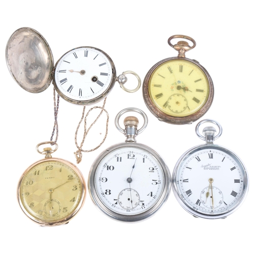 1121 - 5 pocket watches, including Waltham sterling silver example, case width 55mm (5)