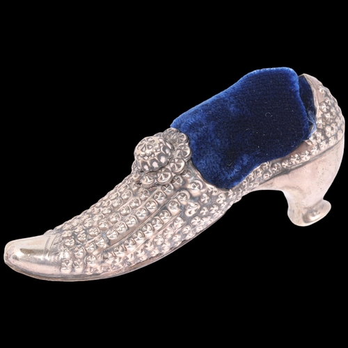 1763 - A late Victorian novelty silver lady's shoe pin cushion, Adie & Lovekin Ltd, Birmingham 1895, 6.5cm