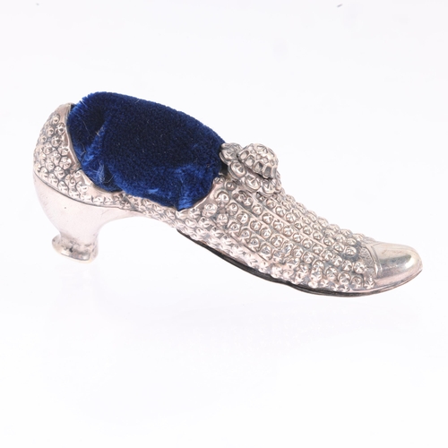 1763 - A late Victorian novelty silver lady's shoe pin cushion, Adie & Lovekin Ltd, Birmingham 1895, 6.5cm