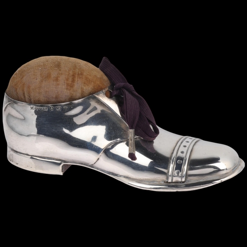 1765 - A George V novelty silver brogue shoe pin cushion, S Blanckensee & Son, Chester 1921, 12.5cm