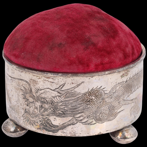 1766 - A Chinese export silver dragon pin cushion, 7.5cm, 3.4oz gross