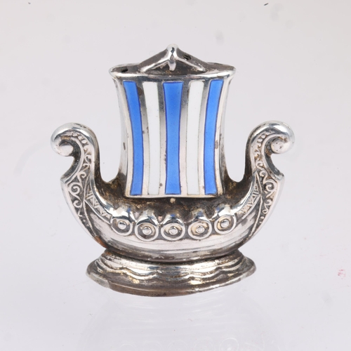 1768 - AKSEL HOLMSEN - a Danish sterling silver and enamel Viking Revival 'Viking Ship' hat pin holder, 4cm... 