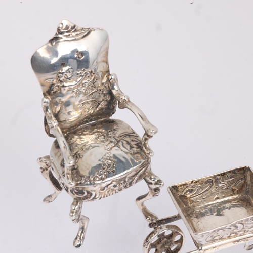 1777 - 4 German novelty silver doll's house items, including rocking chair, Sheffield 1905, wheel barrow, L... 