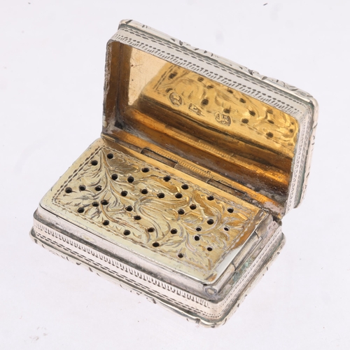 1796 - A William IV silver vinaigrette, Edward Smith, Birmingham 1831, rectangular form, with engine turned... 