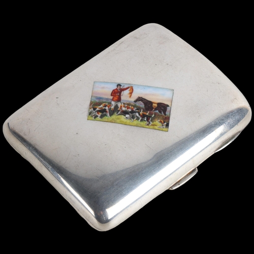 1824 - A fine Edwardian silver and enamel 'Hunting Scene' curved cigarette case, John Millward Banks, Chest... 