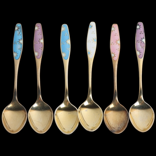 1901 - FRIGAST - a set of 6 Danish vermeil sterling silver and harlequin enamel floral coffee spoons, 9.5cm... 