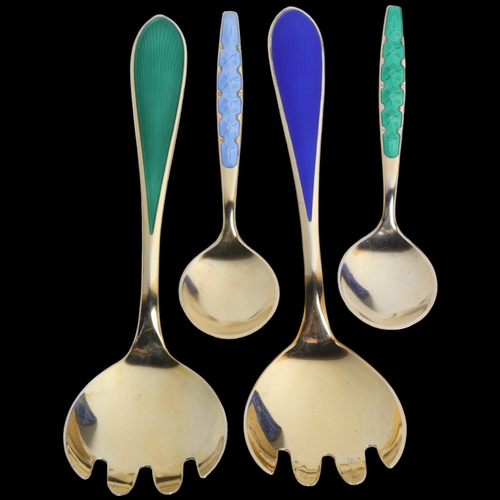 1903 - TOSTRUP - a pair of Norwegian vermeil sterling silver and enamel salad servers, and a similar pair o... 