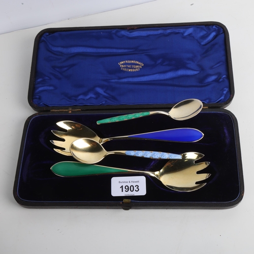 1903 - TOSTRUP - a pair of Norwegian vermeil sterling silver and enamel salad servers, and a similar pair o... 