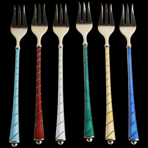 1905 - EGON LAURIDSEN - a set of 6 Danish vermeil sterling silver and harlequin enamel cocktail/oyster fork... 