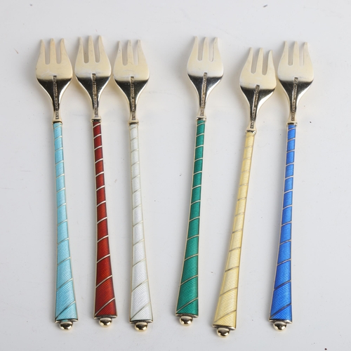 1905 - EGON LAURIDSEN - a set of 6 Danish vermeil sterling silver and harlequin enamel cocktail/oyster fork... 