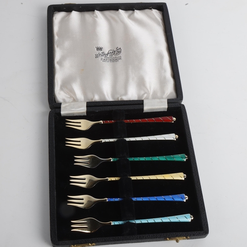 1905 - EGON LAURIDSEN - a set of 6 Danish vermeil sterling silver and harlequin enamel cocktail/oyster fork... 