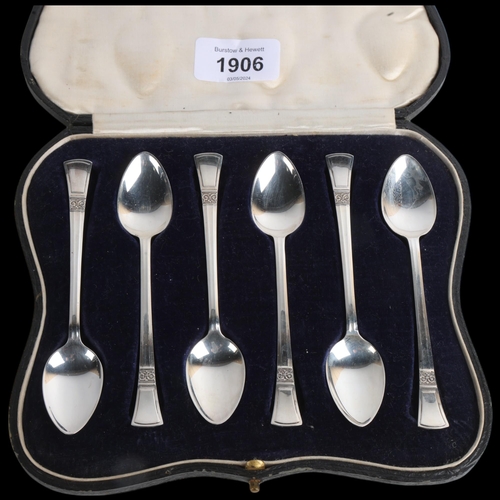 1906 - A cased set of 6 George VI silver teaspoons, Angora Silver Plate Co, Sheffield 1939, 12cm, 2.3oz tot... 