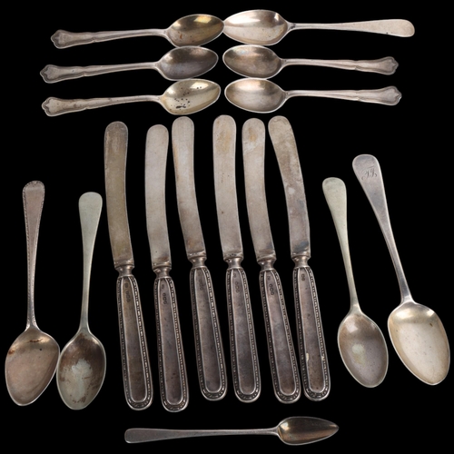 1907 - Various silver flatware, including Antique teaspoons, set of 6 butter knives, etc, 3.8oz weighable