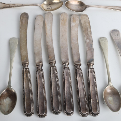 1907 - Various silver flatware, including Antique teaspoons, set of 6 butter knives, etc, 3.8oz weighable