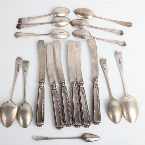 1907 - Various silver flatware, including Antique teaspoons, set of 6 butter knives, etc, 3.8oz weighable