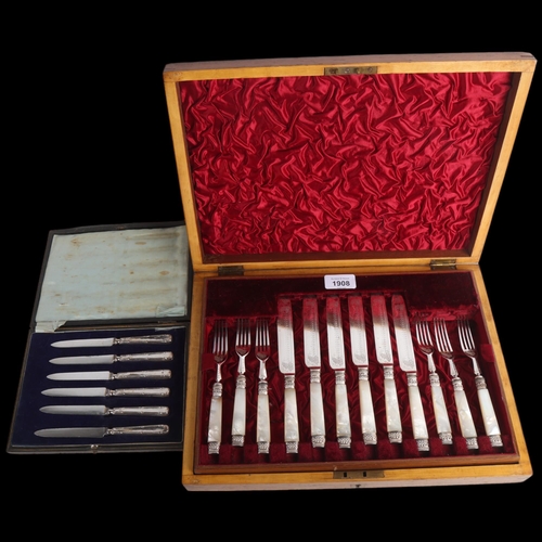 1908 - A cased set of mother-of-pearl handled silver plated dessert cutlery for 6 people, and a set of 6 si... 