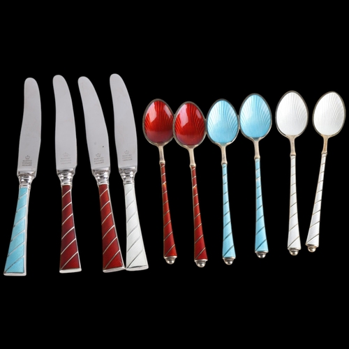 1909 - EGON LAURIDSEN - a set of 4 Danish sterling silver and harlequin enamel caviar knives, and a similar... 