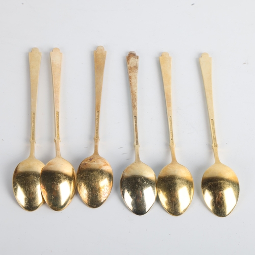 1910 - EGON LAURIDSEN - a set of 6 Danish vermeil sterling silver and harlequin enamel coffee spoons, with ... 