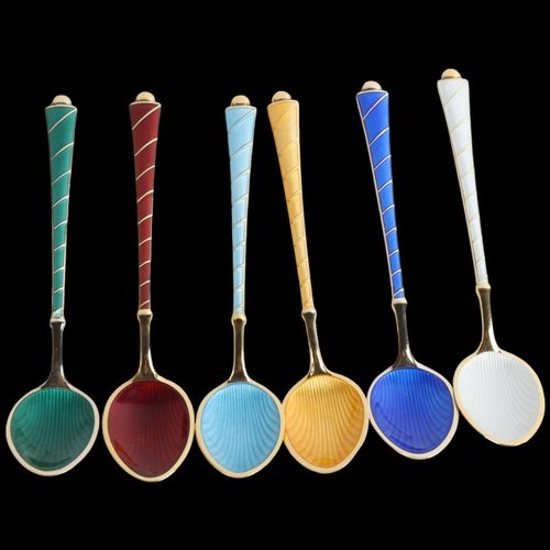 1911 - EGON LAURIDSEN - a set of 6 Danish vermeil sterling silver and harlequin enamel coffee spoons, with ... 