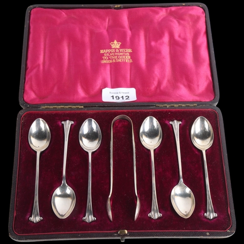 1912 - A cased set of 6 George V silver teaspoons, Sheffield 1933, and a pair of silver plated sugar tongs,... 