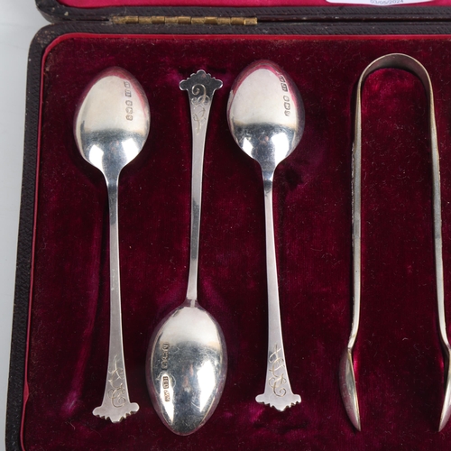 1912 - A cased set of 6 George V silver teaspoons, Sheffield 1933, and a pair of silver plated sugar tongs,... 