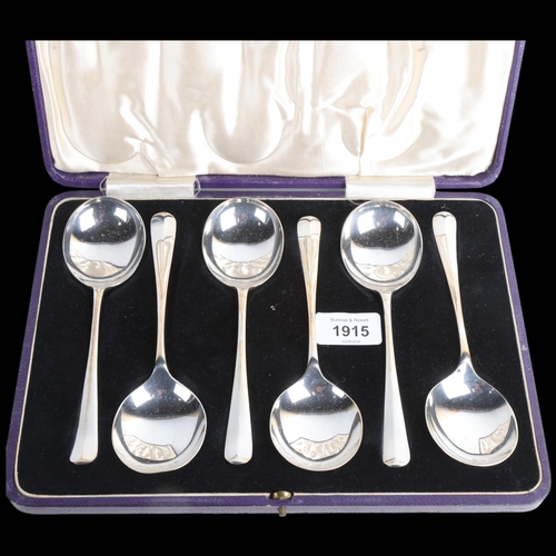 1915 - A cased set of 6 George VI silver Rattail pattern soup spoons, Roberts & Belk, Sheffield 1943, 17cm,... 