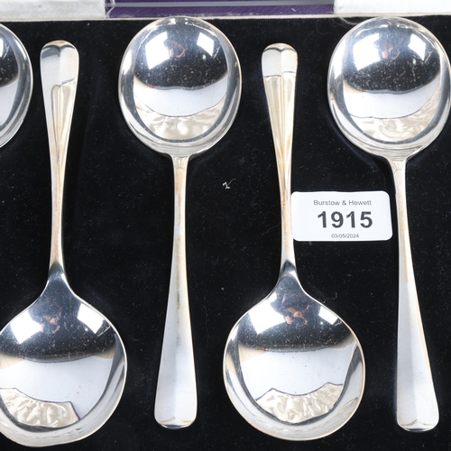 1915 - A cased set of 6 George VI silver Rattail pattern soup spoons, Roberts & Belk, Sheffield 1943, 17cm,... 