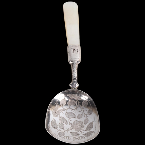 1923 - A George IV silver mother-of-pearl handled tea caddy spoon, Joseph Willmore, Birmingham 1830, with b... 