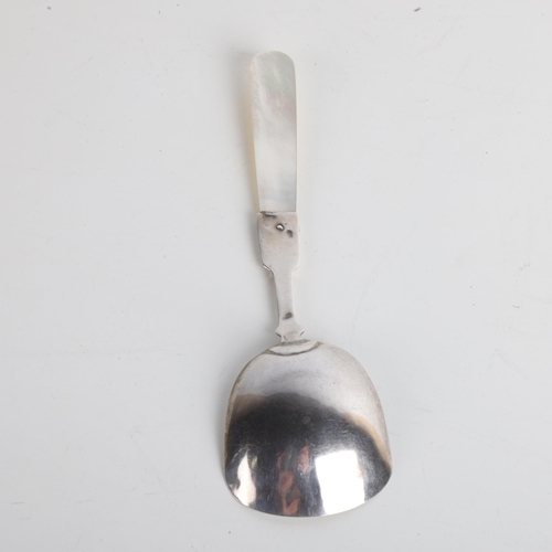 1923 - A George IV silver mother-of-pearl handled tea caddy spoon, Joseph Willmore, Birmingham 1830, with b... 