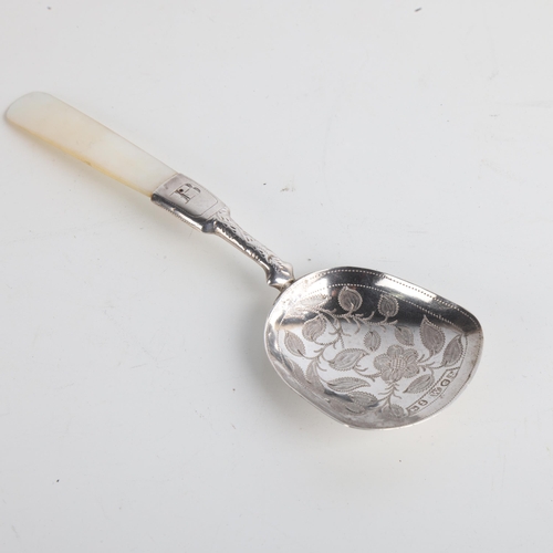 1923 - A George IV silver mother-of-pearl handled tea caddy spoon, Joseph Willmore, Birmingham 1830, with b... 