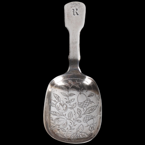 1928 - A George IV silver Fiddle pattern tea caddy spoon, William Traies, London 1826, bright-cut floral en... 