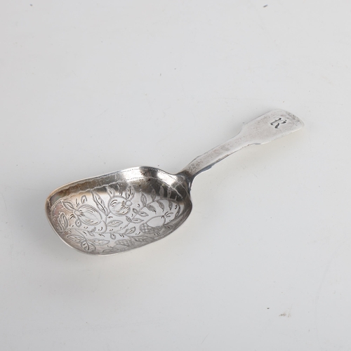 1928 - A George IV silver Fiddle pattern tea caddy spoon, William Traies, London 1826, bright-cut floral en... 