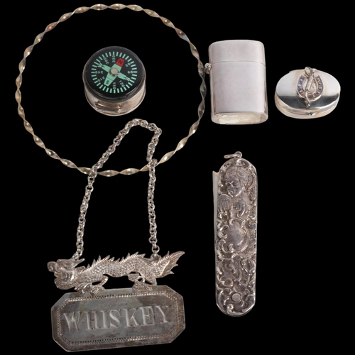 1937 - Various silver, including Chinese export Whiskey decanter label, etc